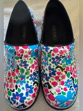 Savvy Floral Slip-On Clogs in Blue, Pink & Green